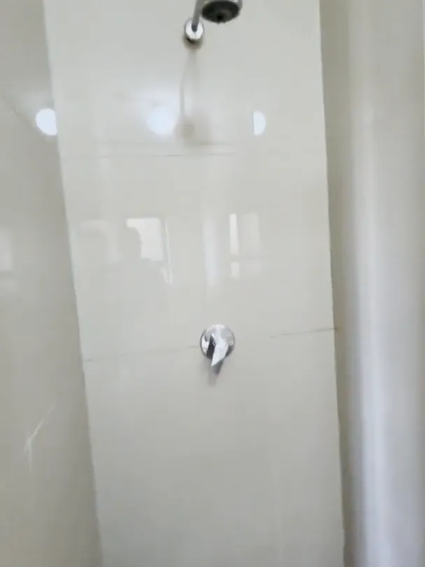 Tiled shower wall with a shower head at the top and a single tap handle